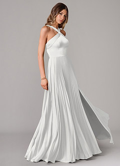 Azazie Afra Abiti da Damigella Abito A-Line in Raso Elasticizzato Plissettato Bianco image3