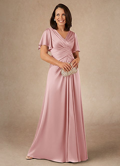 Azazie Emmeline Mère de la mariée Robes Robe Trapèze en Satin extensible Plissée Rose Poudré image1