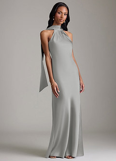 Azazie Cassiana Jurken voor bruidsmeisjes Jurk van Stretch Satijn met Zeemeermin Geplooid Zilver image6