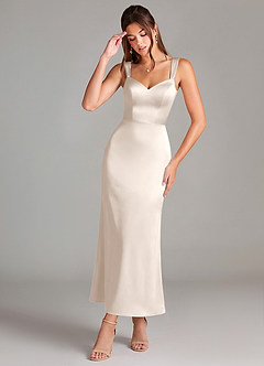 Azazie Denice Bridesmaid Dresses White Alabaster Sheath Pleated Stretch Satin Dress image1