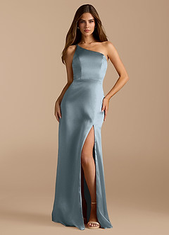 Azazie Trina Vestidos de damas de honor Vestido de Azul Polvoriento de Satén Metálico de Corte en A con Hombro unilateral image3