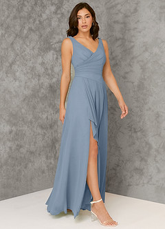 Azazie Kori Bridesmaid Dresses Dusty Blue A-Line Pleated Chiffon Dress image1