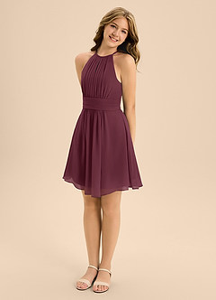 Azazie Bonnie Junior Cabernet A-Line Pleated Chiffon Dress image4