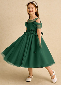 Azazie Juni Flower Girl Dresses Dark Green Ball-Gown Pleated Tulle Dress image3