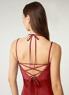 Azazie Desi Bridesmaid Dresses Pomegranate Sheath Halter Corset Stretch Satin Dress image3