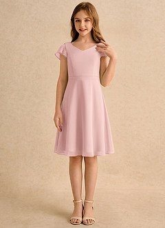 Azazie Narin Girls Formal Robe Demoiselle D'honneur Fillette Robe Trapèze en Mousseline de soie avec manches Rose Poudré image4