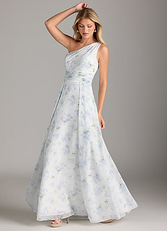Azazie Dallas Bridesmaid Dresses Blue Vintage Floral A-Line One Shoulder Chiffon Dress image4