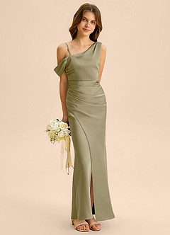 Azazie Madelyn Junior Osłona Zza ramienia Satyna elastyczna Długość podłogi Młodsza druhna Sukienka image4