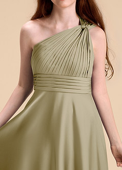 Azazie Charlize Junior Abito A-Line in Raso Elasticizzato Plissettato Verde Muschio image7