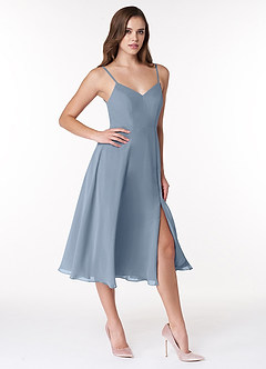 Azazie Clarissa Bridesmaid Dresses Dusty Blue A-Line V-Neck Chiffon Dress image3