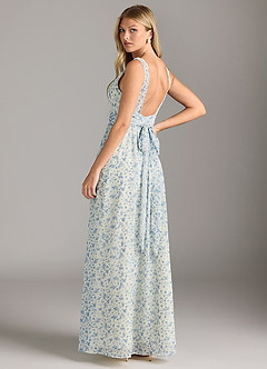Azazie Kora Bridesmaid Dresses Blue And White Ditsy Floral A-Line Pleated Chiffon Dress image2