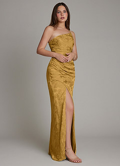 Azazie Mishka Bridesmaid Dresses Marigold Jacquard Sheath One Shoulder Floral Jacquard Dress image4