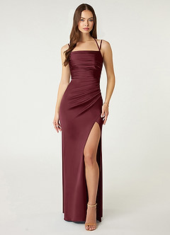 Azazie Desi Bridesmaid Dresses Cabernet Sheath Halter Corset Stretch Satin Dress image1