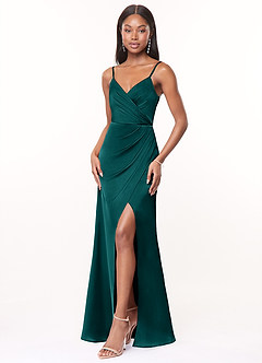 Azazie Maci Brautjungfernkleider A-Linie V-Hals Gefaltet Stretch-Satin Kleid Pfau image3