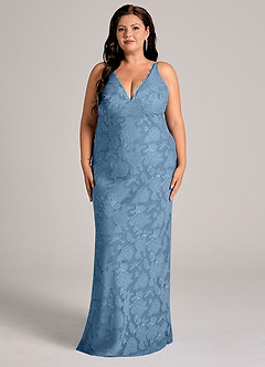 Azazie Tianna Bridesmaid Dresses Steel Blue Sheath Lace Floral Burnout Dress image8