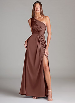 Azazie Brooke Bridesmaid Dresses Espresso A-Line One Shoulder Stretch Satin Dress image7