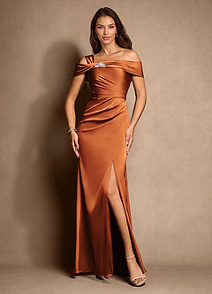 Azazie Altonia Mère de la mariée Robes Robe Sirène en Satin extensible Épaule décolletée Cannelle image4