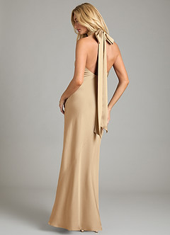 Azazie Velli Vestidos de damas de honor Vestido de Champán de Satén Elástico de Corte Sirena con Cuello Alto image5