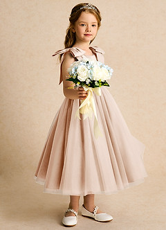 Azazie Serene Abiti da Ragazza di Fiori Abito Principessa in Raso Opaco Fiocco Rosa Inglese image5