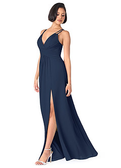 Azazie Farren Vestidos de damas de honor Vestido de Azul Marino Oscuro de Gasa de Corte en A Convertible con Plisado image3
