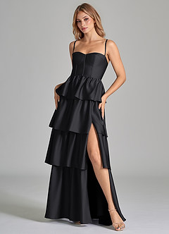 Azazie Faye Bridesmaid Dresses Black A-Line Ruched Stretch Satin Dress image8