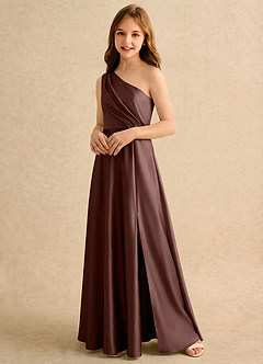 Azazie Puddles Girls Formal Robe Demoiselle D'honneur Fillette Robe Trapèze en Satin extensible Une épaule Expresso image4