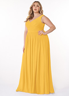 Azazie Keyla Bridesmaid Dresses Marigold A-Line V-Neck Pleated Chiffon Dress image8