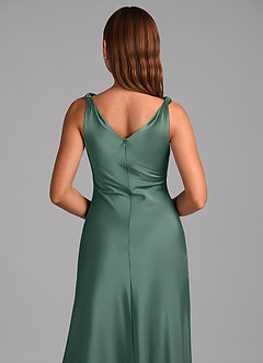 Azazie Nerine At-home Try On Dresses Black A-Line Pleated Stretch Satin Dress image2