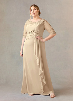 Azazie Dionysus Mother of the Bride Dresses Champagne A-Line Boatneck Lace Chiffon Dress image6