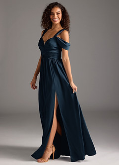 Azazie Lianne Brautjungfernkleider A-Linie Schulterfrei Stretch-Satin Kleid Dunkelmarine image6