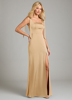 Azazie Frostine Bridesmaid Dresses Gold A-Line Bow Stretch Satin Dress image11