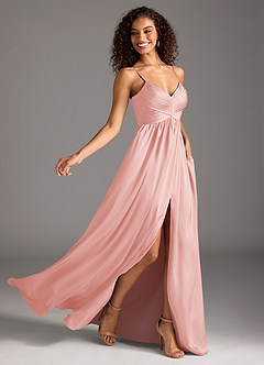 Azazie Alia Bridesmaid Dresses Powder Pink A-Line Pleated Stretch Satin Dress image2