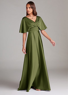 Azazie Pamela Bridesmaid Dresses Olive A-Line Pleated Stretch Satin Dress image3