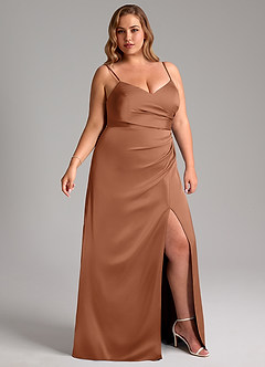 Azazie Azuree Bridesmaid Dresses Bronzer A-Line Pleated Stretch Satin Dress image12