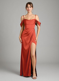 Azazie Johana Bridesmaid Dresses Rust Mermaid Off the Shoulder Stretch Satin Convertible Dress image2