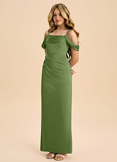 Azazie Saige Junior Robe Fourreau en Satin extensible Épaule décolletée Genévrier image1