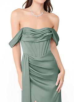 Azazie Amyra Jurken voor bruidsmeisjes Converteerbaar Jurk van Stretch Satijn met Zeemeermin Off the Shoulder Zilveren Salie image7