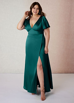 Azazie Lani Robes de demoiselle d'honneur Robe Trapèze en Satin extensible Manche à volants Paon image7
