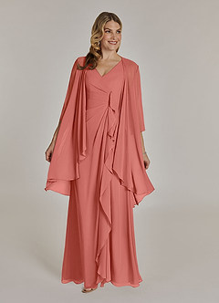 Azazie Manuella Mère de la mariée Robes Robe Trapèze en Mousseline de soie Col V plissé Rose Saumon image3