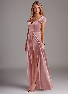 Azazie Gabi Vente Finale Robe Trapèze en velours Fente Latérale Rose Poussiéreuse image5