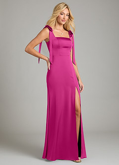 Azazie Frostine Bridesmaid Dresses Fuchsia A-Line Bow Stretch Satin Dress image5