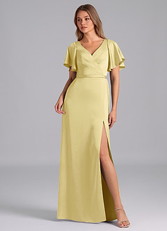 Azazie Ambrosia Bridesmaid Dresses Lemon Sorbet A-Line Pleated Stretch Satin Dress image1