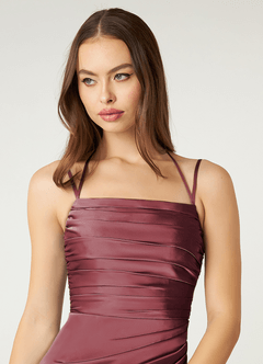 Azazie Desi Bridesmaid Dresses Merlot Sheath Halter Corset Stretch Satin Dress image6