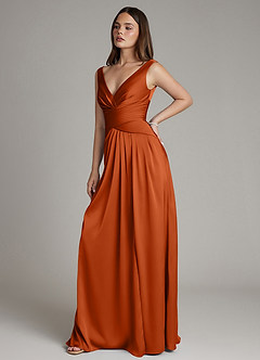 Azazie Pauline Vestidos de damas de honor Vestido de Naranja Quemada de Satén Elástico de Línea A con Plisado image7