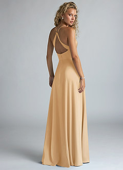 Azazie Davis Bridesmaid Dresses Gold A-Line Pleated Stretch Satin Dress image3