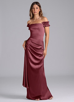 Azazie Kalysia Bridesmaid Dresses Desert Rose Mermaid Off the Shoulder Stretch Satin Convertible Dress image1