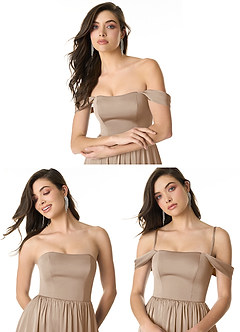 Azazie Morana Jurken voor bruidsmeisjes Converteerbaar Jurk van Stretch Satijn met A-Lijn Off the Shoulder Taupe image10