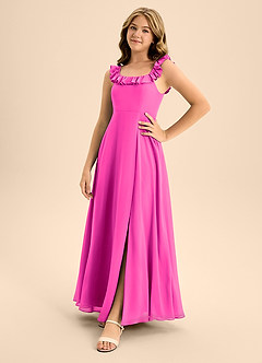 Azazie Callie Junior Abito A-Line in Chiffon Increspato Fucsia image3