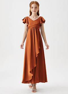 Azazie Omari Junior Cinnamon A-Line Pleated Stretch Satin Dress image5