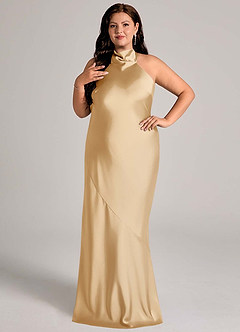 Azazie Velli Bridesmaid Dresses Gold Mermaid High Neck Stretch Satin Dress image8